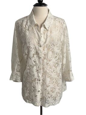 Kim Rogers Women 3/4 Sleeve Sheer Floral Burnout Pattern Blouse, White, Size 3X